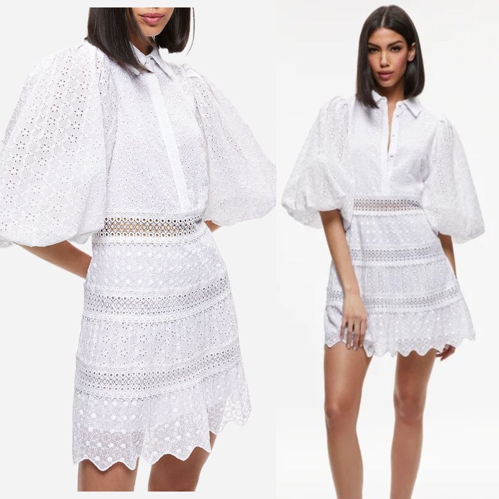 Alice + Olivia Blakesley Bishop Sleeve Button Front Eyelet White Mini Dress US 6